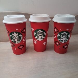 Starbucks 16oz Plastic Reusable Holiday 2023 Limited Release Cups x3 Lids Coffee
